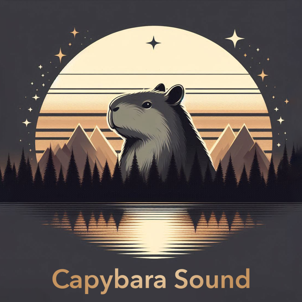 Capybara Sound logo featuring a large, stylised capybara silhouette against a moonlit sky with stars, mountains, and a forest reflected in a calm lake. The studio name 'Capybara Sound' is prominently displayed at the bottom in bold, clear text.